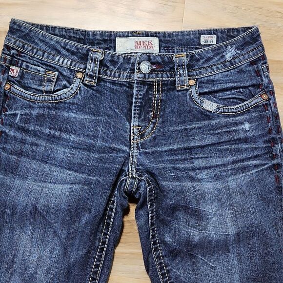 💜MEK Blue Zanzibar Distressed Boot Cut Jeans Size 6/28 - Picture 5 of 14